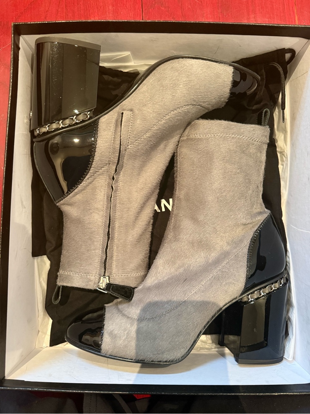 CHANEL Gray pony calf skin & Black Patent Leather Chain-Trim Ankle Boots